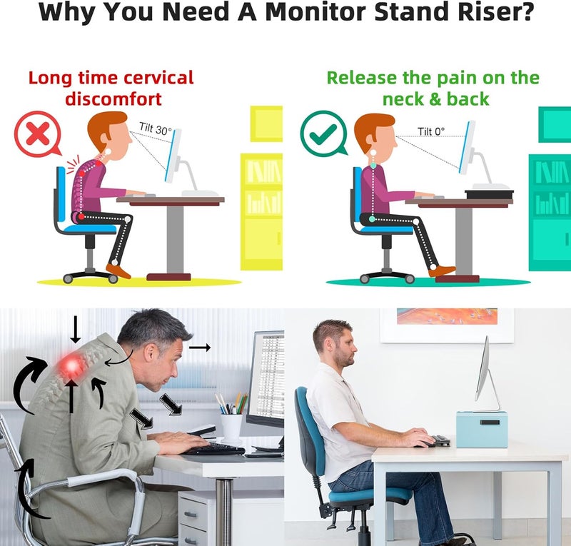 Marbrasse Monitor Stand Riser, 16.5 Inch 2 Tier Computer Printer Shelf Stand for Laptop Computer Screen Storage, Desktop Stand with Phone Holder and Cable Management (Blue) - Image 5